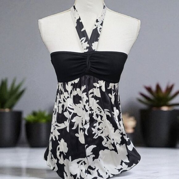 Bebe Floral Halter Top | Black & White Coquette Cottagecore Stretch XS Summer - Picture 7 of 14